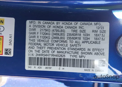 2024 Honda Cr-V Ex-L Awd from USA, damaged, VIN 2HKRS4H71RH452825